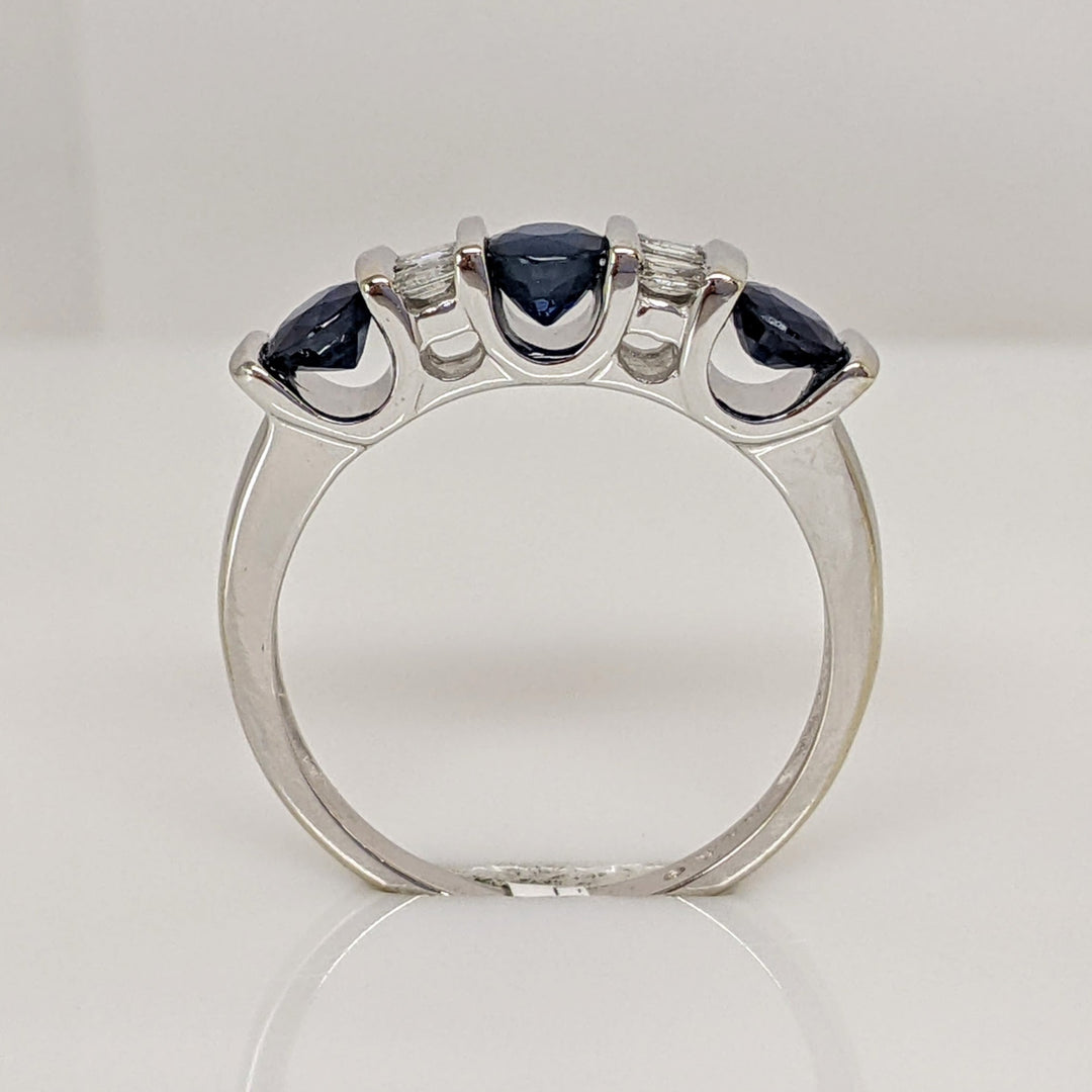 14K WHITE SAPPHIRE ROUND (3) 4MM WITH .24 DIAMOND TOTAL WEIGHT BAGUETTE ESTATE RING 3.8 GRAMS