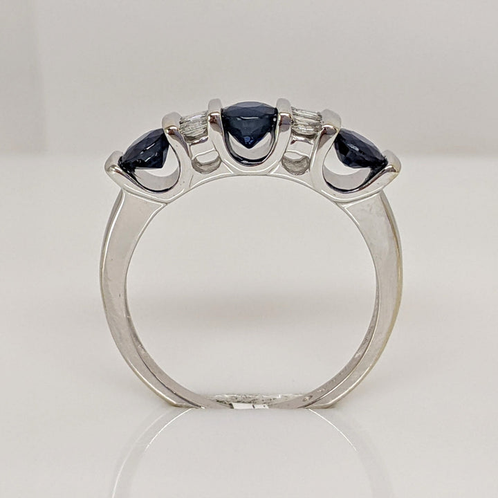 14K WHITE SAPPHIRE ROUND (3) 4MM WITH .24 DIAMOND TOTAL WEIGHT BAGUETTE ESTATE RING 3.8 GRAMS