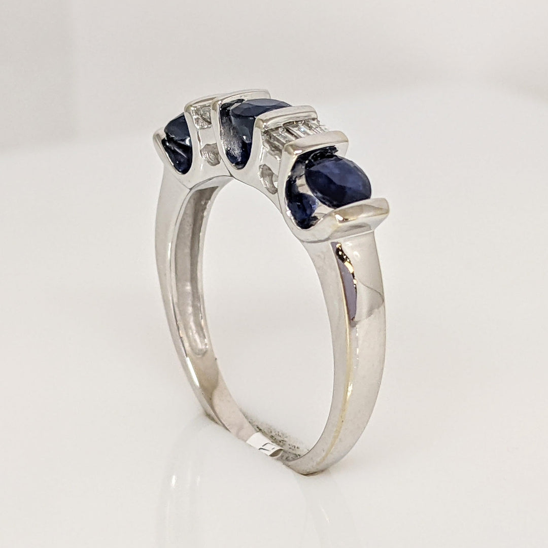 14K WHITE SAPPHIRE ROUND (3) 4MM WITH .24 DIAMOND TOTAL WEIGHT BAGUETTE ESTATE RING 3.8 GRAMS