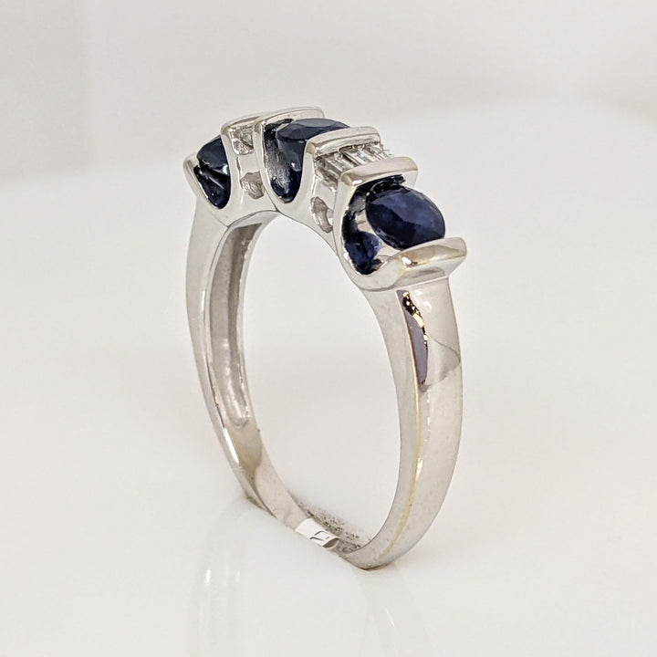 14K WHITE SAPPHIRE ROUND (3) 4MM WITH .24 DIAMOND TOTAL WEIGHT BAGUETTE ESTATE RING 3.8 GRAMS