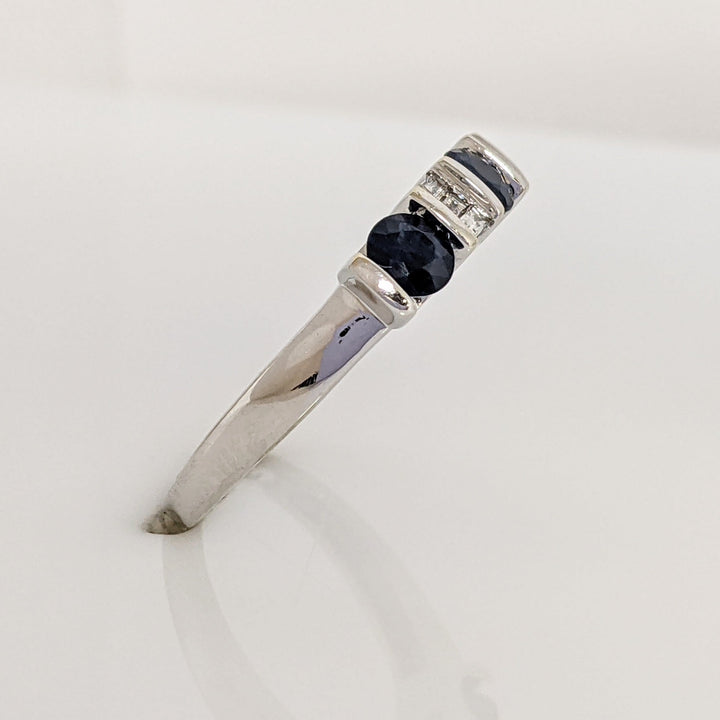 14K WHITE SAPPHIRE ROUND (3) 4MM WITH .24 DIAMOND TOTAL WEIGHT BAGUETTE ESTATE RING 3.8 GRAMS