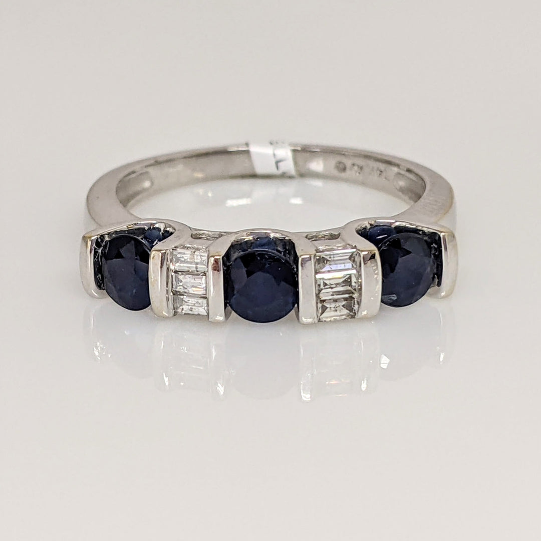 14K WHITE SAPPHIRE ROUND (3) 4MM WITH .24 DIAMOND TOTAL WEIGHT BAGUETTE ESTATE RING 3.8 GRAMS