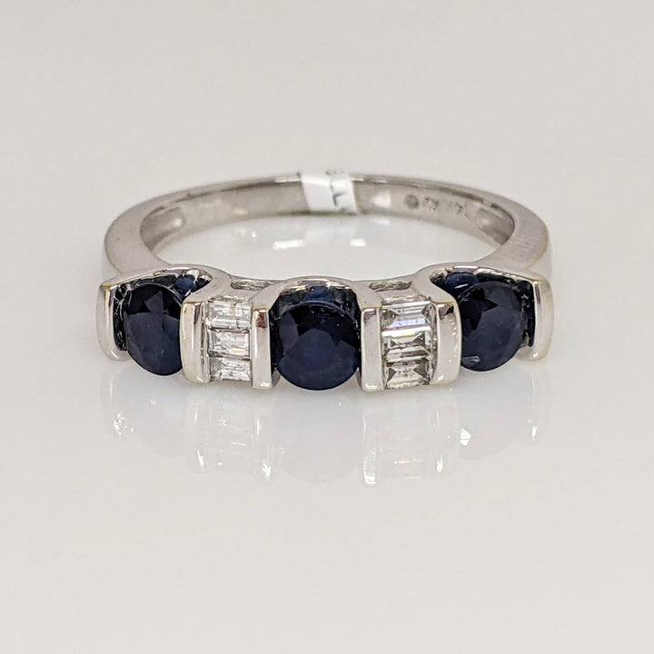 14K WHITE SAPPHIRE ROUND (3) 4MM WITH .24 DIAMOND TOTAL WEIGHT BAGUETTE ESTATE RING 3.8 GRAMS