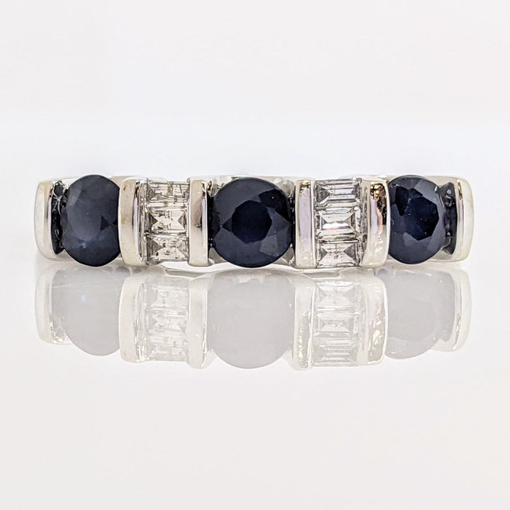 14K WHITE SAPPHIRE ROUND (3) 4MM WITH .24 DIAMOND TOTAL WEIGHT BAGUETTE ESTATE RING 3.8 GRAMS