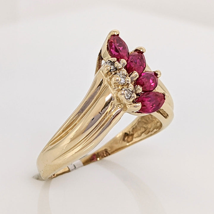 14K RUBY MARQUISE (4) 2.5X4.5 WITH (3) MELEE ESTATE RING 2.9 GRAMS