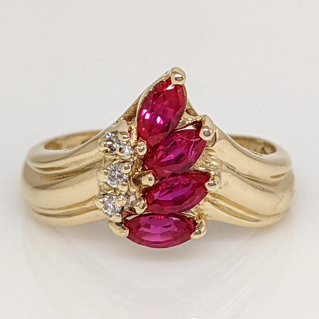 14K RUBY MARQUISE (4) 2.5X4.5 WITH (3) MELEE ESTATE RING 2.9 GRAMS