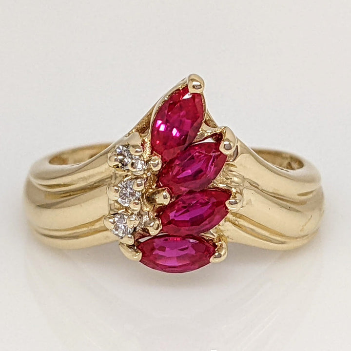 14K RUBY MARQUISE (4) 2.5X4.5 WITH (3) MELEE ESTATE RING 2.9 GRAMS