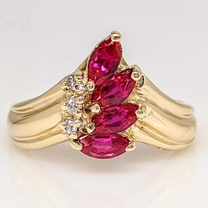 14K RUBY MARQUISE (4) 2.5X4.5 WITH (3) MELEE ESTATE RING 2.9 GRAMS
