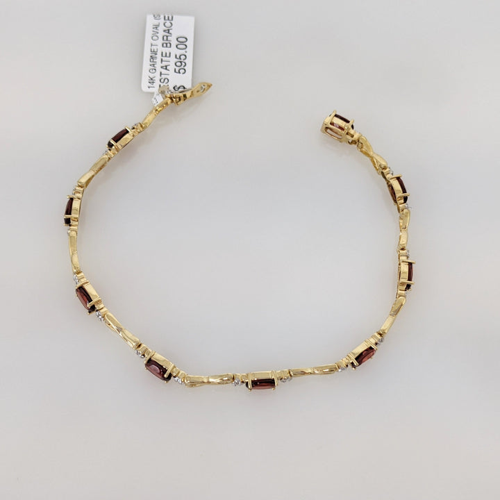 14K GARNET OVAL (9) 4X6 WITH MELEE ESTATE LINK BRACELET 6.2 GRAMS
