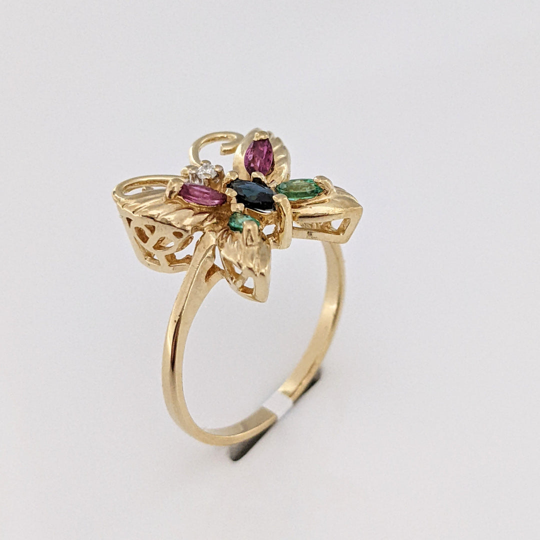 10K SAPPHIRE, RUBY, EMERALD MARQUISE WITH MELEE ESTATE BUTTERFLY RING 2.8 GRAMS