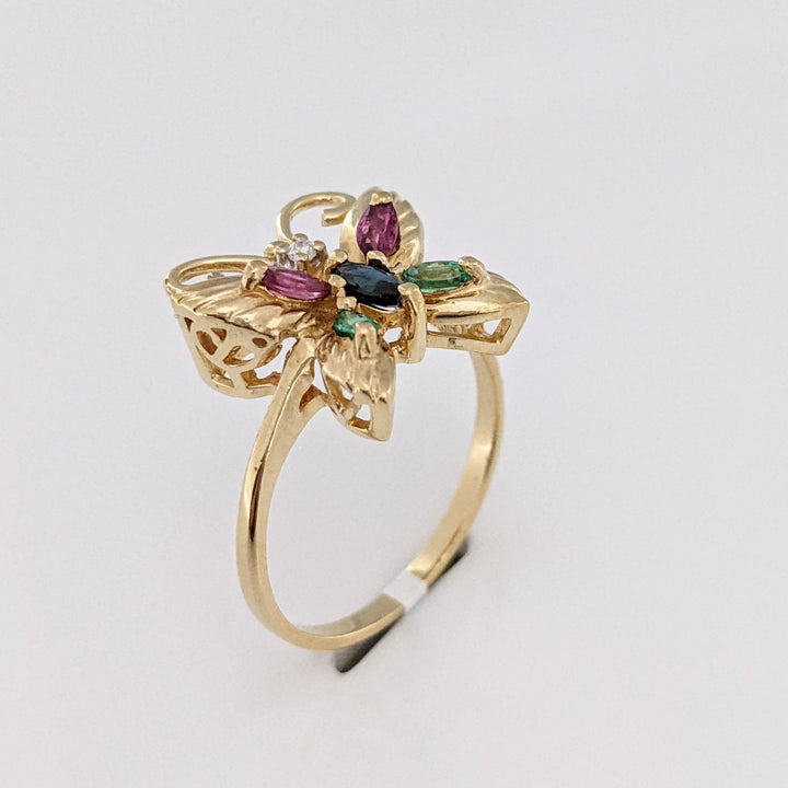 10K SAPPHIRE, RUBY, EMERALD MARQUISE WITH MELEE ESTATE BUTTERFLY RING 2.8 GRAMS