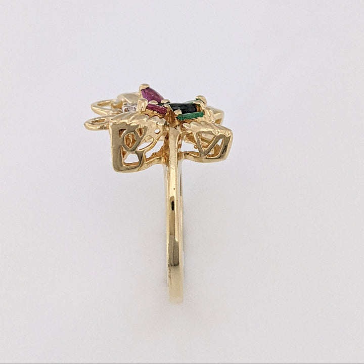 10K SAPPHIRE, RUBY, EMERALD MARQUISE WITH MELEE ESTATE BUTTERFLY RING 2.8 GRAMS