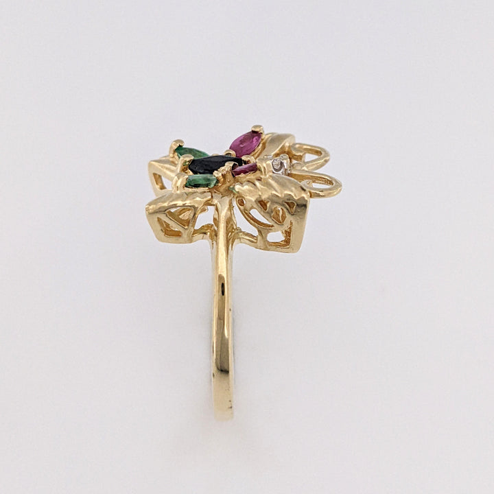 10K SAPPHIRE, RUBY, EMERALD MARQUISE WITH MELEE ESTATE BUTTERFLY RING 2.8 GRAMS