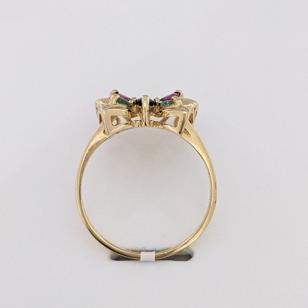 10K SAPPHIRE, RUBY, EMERALD MARQUISE WITH MELEE ESTATE BUTTERFLY RING 2.8 GRAMS
