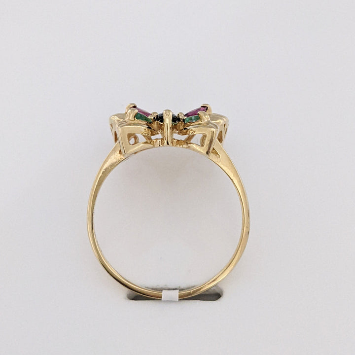 10K SAPPHIRE, RUBY, EMERALD MARQUISE WITH MELEE ESTATE BUTTERFLY RING 2.8 GRAMS