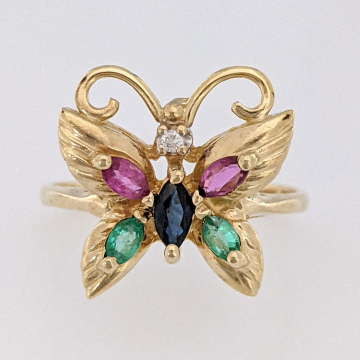 10K SAPPHIRE, RUBY, EMERALD MARQUISE WITH MELEE ESTATE BUTTERFLY RING 2.8 GRAMS
