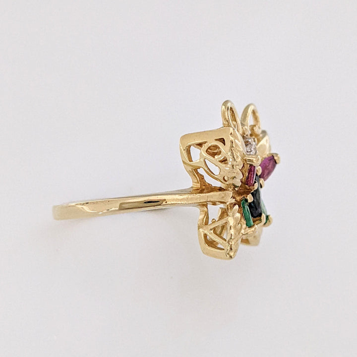 10K SAPPHIRE, RUBY, EMERALD MARQUISE WITH MELEE ESTATE BUTTERFLY RING 2.8 GRAMS