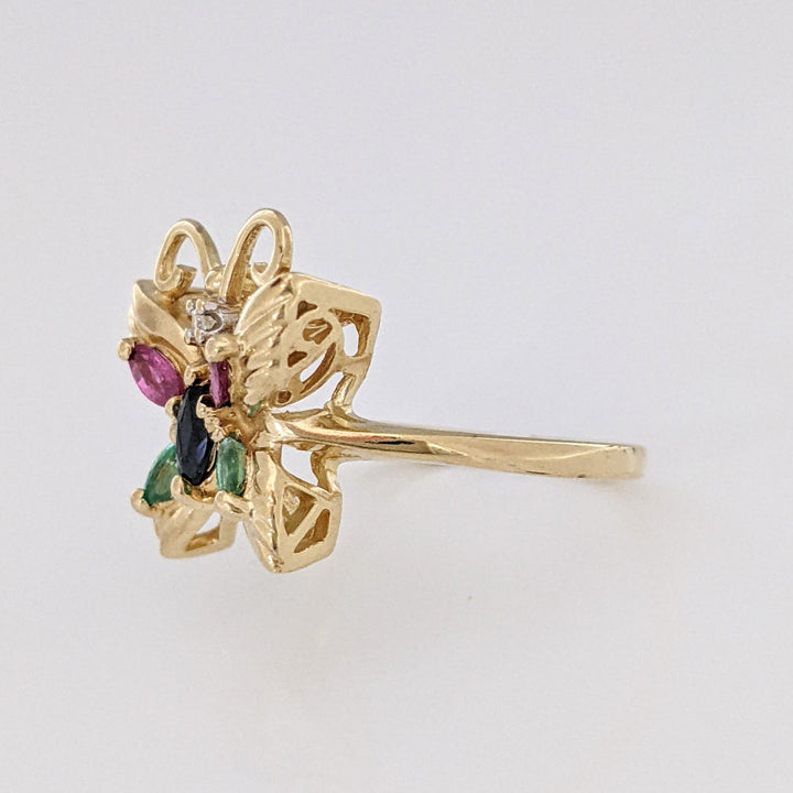 10K SAPPHIRE, RUBY, EMERALD MARQUISE WITH MELEE ESTATE BUTTERFLY RING 2.8 GRAMS