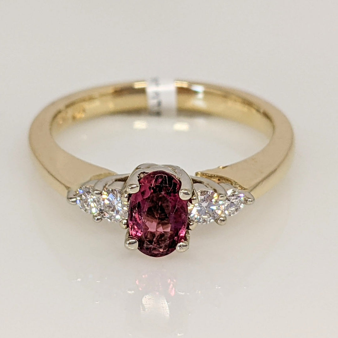 14K PINK TOURMALINE OVAL 4X6 WITH .22 DIAMOND TOTAL WEIGHT ESTATE RING 3.6 GRAMS