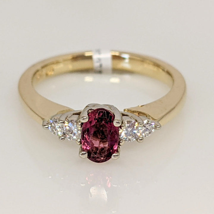 14K PINK TOURMALINE OVAL 4X6 WITH .22 DIAMOND TOTAL WEIGHT ESTATE RING 3.6 GRAMS