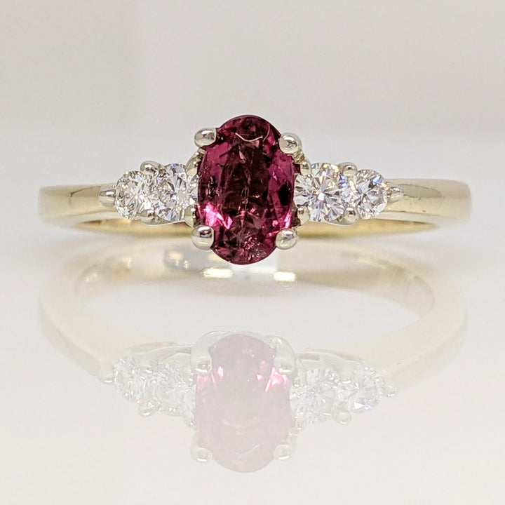 14K PINK TOURMALINE OVAL 4X6 WITH .22 DIAMOND TOTAL WEIGHT ESTATE RING 3.6 GRAMS