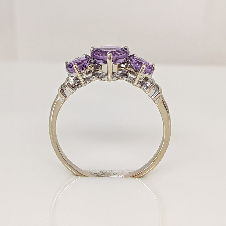 14K WHITE AMETHYST HEART 6MM (1) 4MM (2) WITH (2) MELEE ESTATE RING 2.2 GRAMS