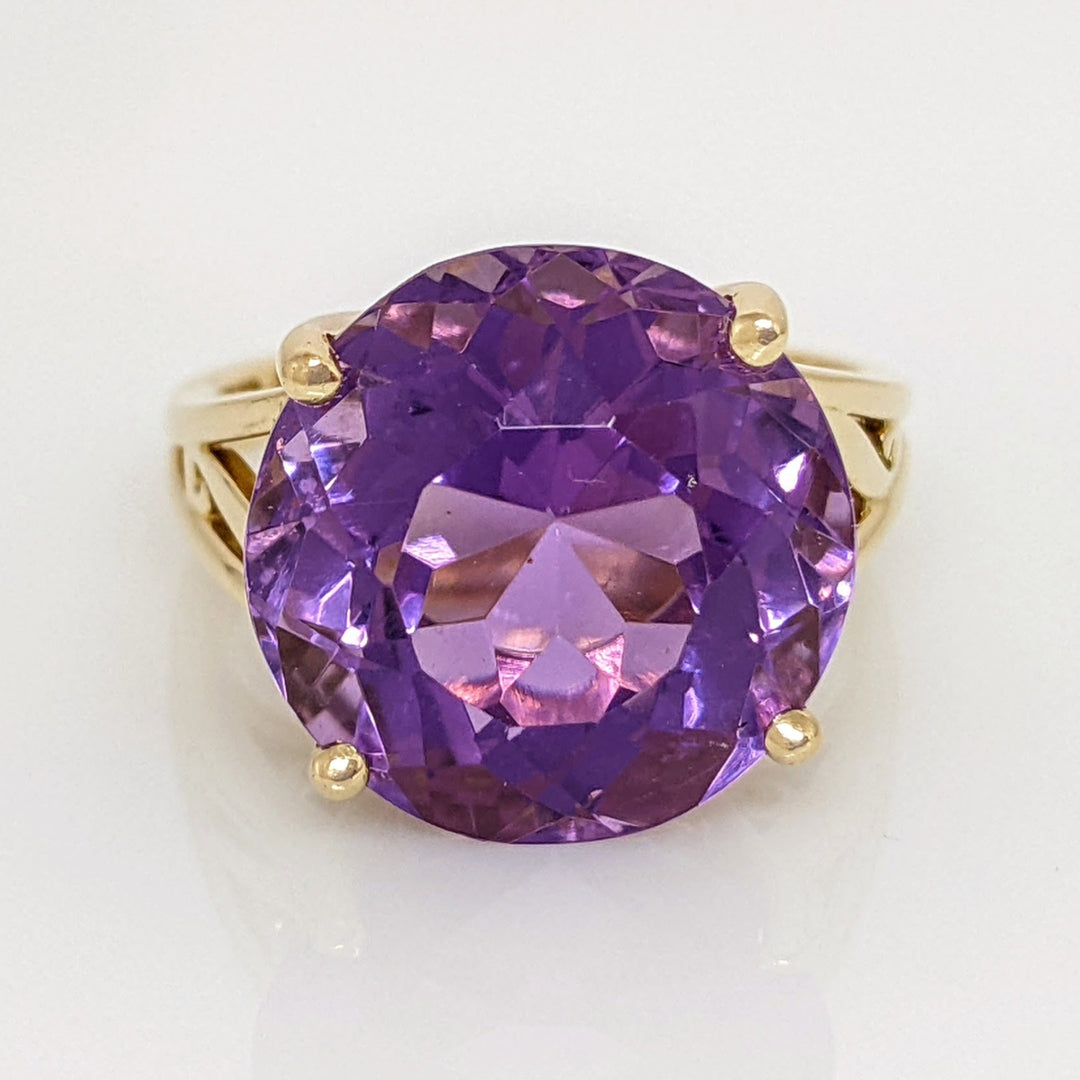 14K AMETHYST ROUND 14MM SPLIT SHANK ESTATE RING 7.0 GRAMS