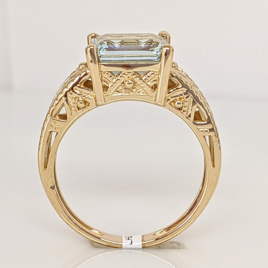 14K AQUAMARINE "AA" EMERALD CUT 7X9 ETCHED MOUNTING ESTATE RING 5.1 GRAMS