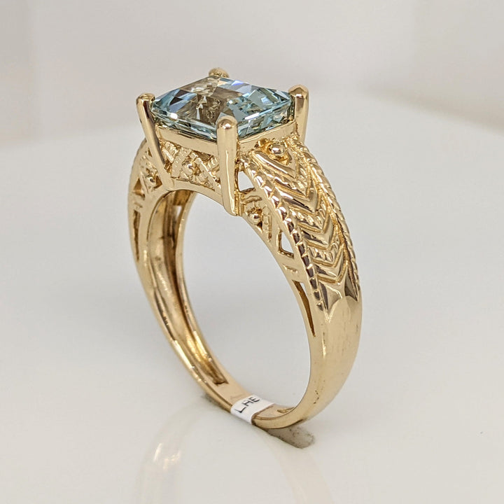 14K AQUAMARINE "AA" EMERALD CUT 7X9 ETCHED MOUNTING ESTATE RING 5.1 GRAMS