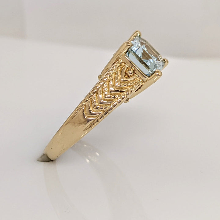 14K AQUAMARINE "AA" EMERALD CUT 7X9 ETCHED MOUNTING ESTATE RING 5.1 GRAMS