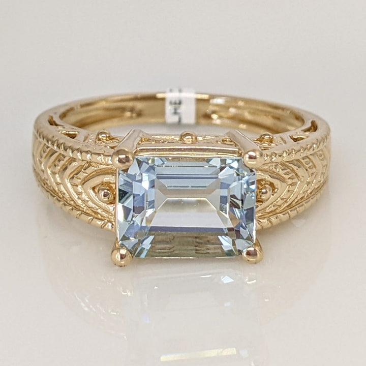 14K AQUAMARINE "AA" EMERALD CUT 7X9 ETCHED MOUNTING ESTATE RING 5.1 GRAMS