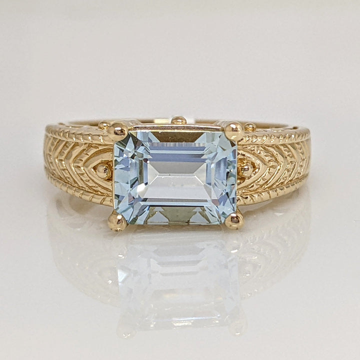 14K AQUAMARINE "AA" EMERALD CUT 7X9 ETCHED MOUNTING ESTATE RING 5.1 GRAMS