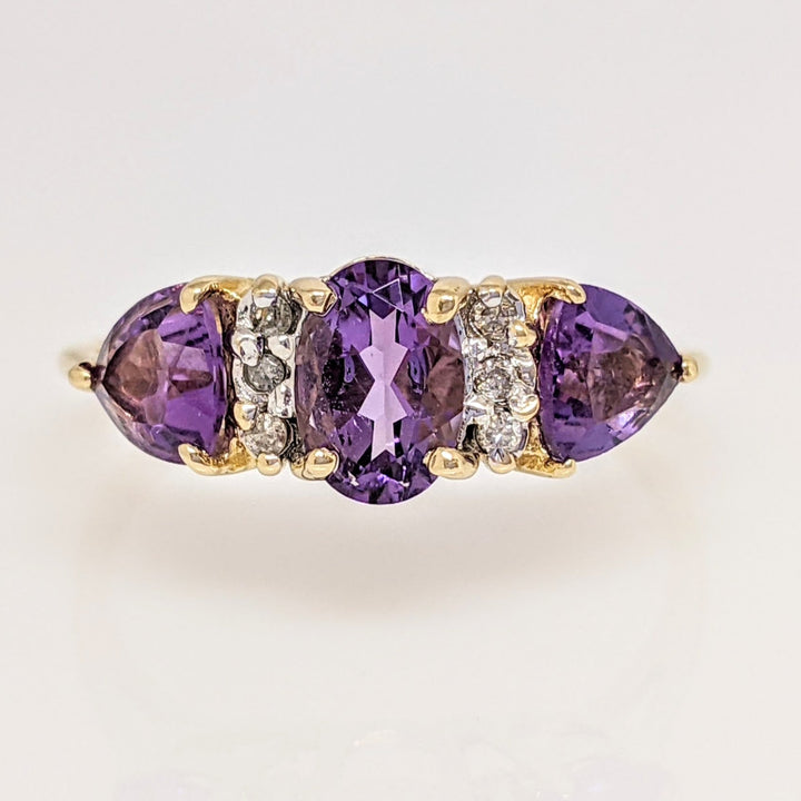 14K AMETHYST OVAL 5X7 TRILLION (2) WITH (6) MELEE ESTATE RING 2.1 GRAMS