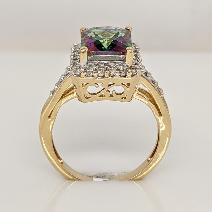 14K MYSTIC TOPAZ EMERALD CUT 7X9 WITH MELEE ESTATE HALO RING 3.8 GRAMS