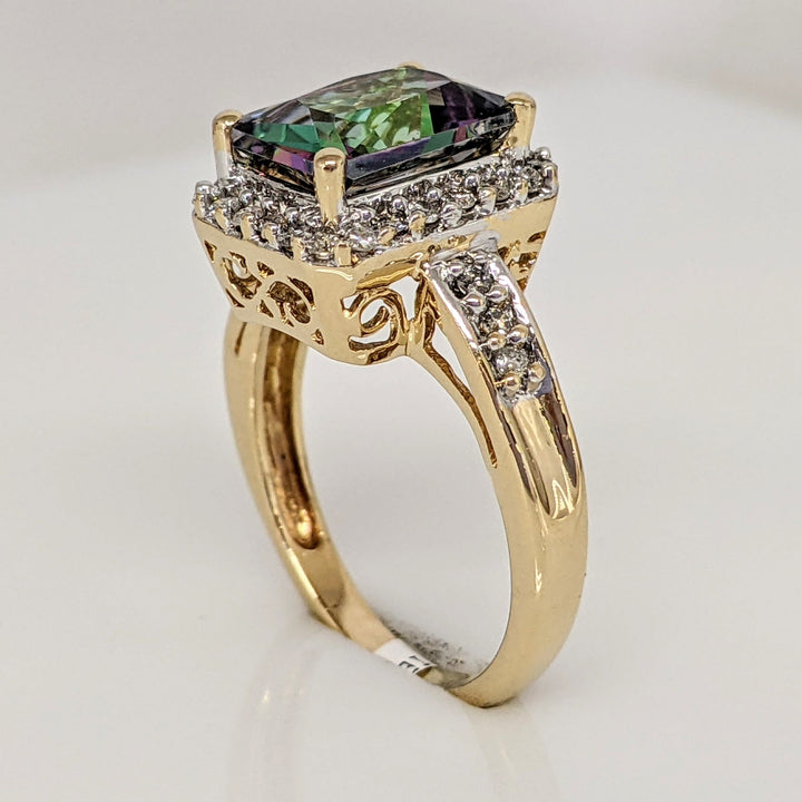 14K MYSTIC TOPAZ EMERALD CUT 7X9 WITH MELEE ESTATE HALO RING 3.8 GRAMS