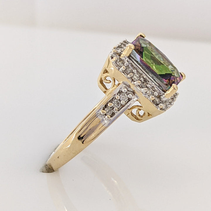 14K MYSTIC TOPAZ EMERALD CUT 7X9 WITH MELEE ESTATE HALO RING 3.8 GRAMS