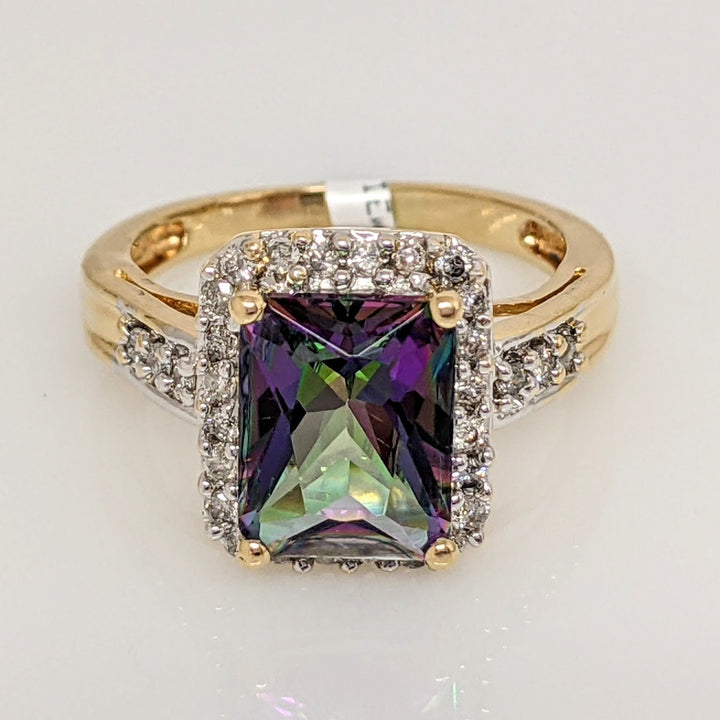 14K MYSTIC TOPAZ EMERALD CUT 7X9 WITH MELEE ESTATE HALO RING 3.8 GRAMS