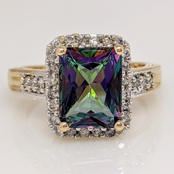 14K MYSTIC TOPAZ EMERALD CUT 7X9 WITH MELEE ESTATE HALO RING 3.8 GRAMS