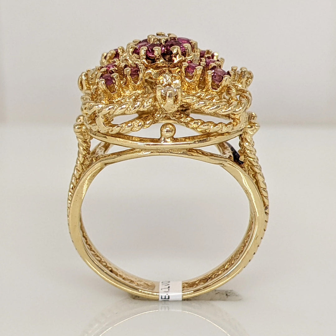 14K RUBY ROUND (18) 2MM WITH (5) MELEE ESTATE CLUSTER RING 7.3 GRAMS