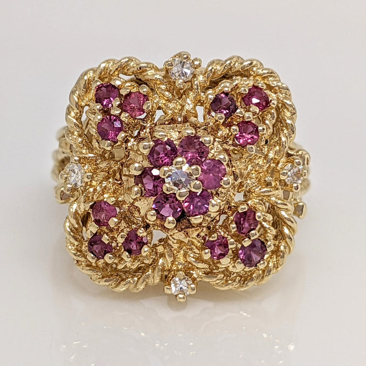 14K RUBY ROUND (18) 2MM WITH (5) MELEE ESTATE CLUSTER RING 7.3 GRAMS