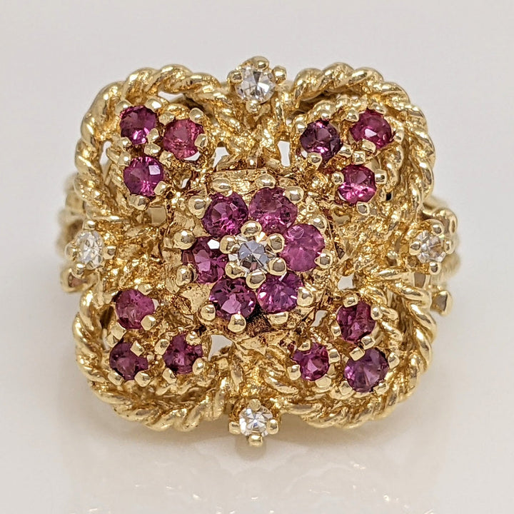 14K RUBY ROUND (18) 2MM WITH (5) MELEE ESTATE CLUSTER RING 7.3 GRAMS