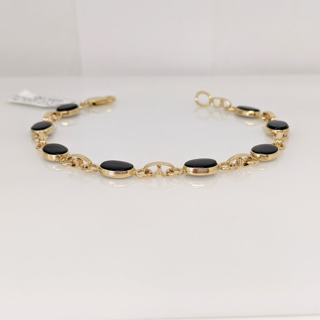 14K ONYX OVAL (8) 6X8 BEZEL LINK ESTATE BRACELET 5.8 GRAMS