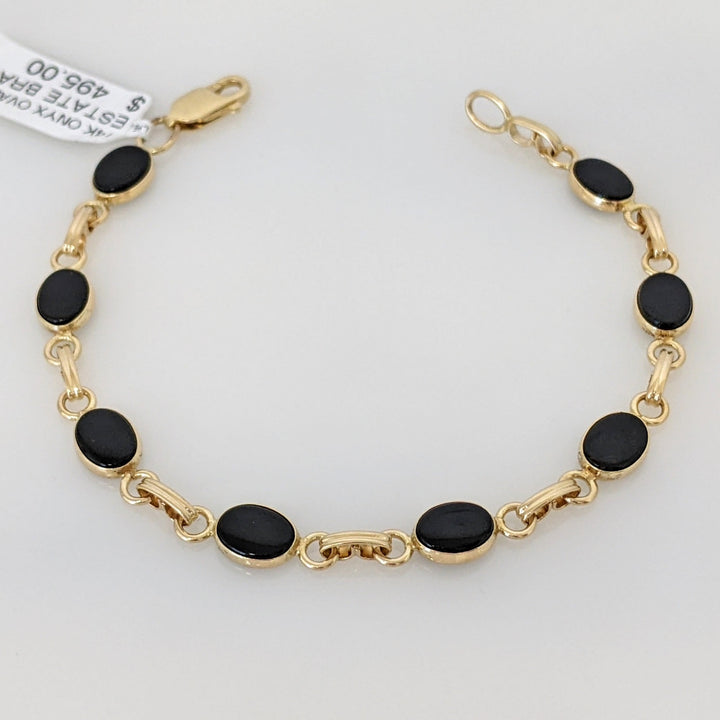 14K ONYX OVAL (8) 6X8 BEZEL LINK ESTATE BRACELET 5.8 GRAMS