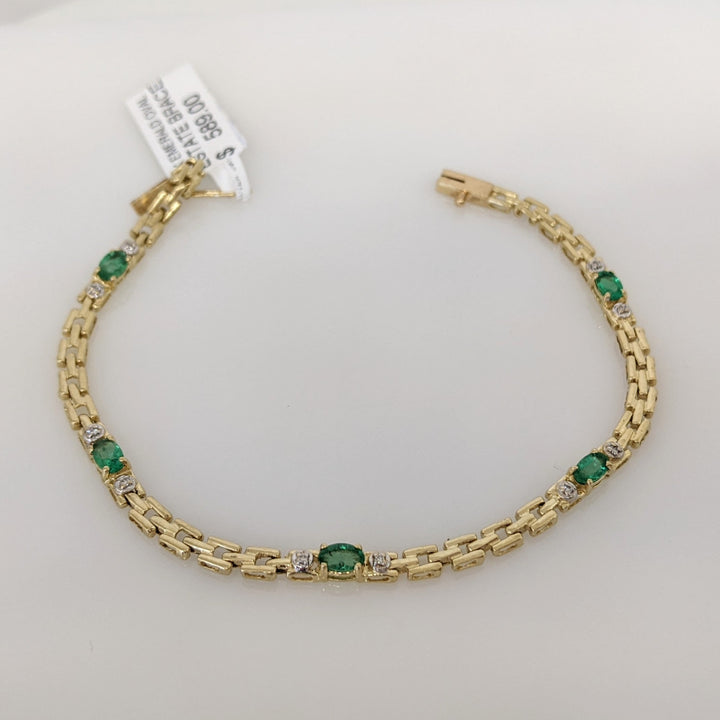 14K EMERALD OVAL (5) 3X5 WITH (10) MELEE ESTATE BRACELET 6.1 GRAMS