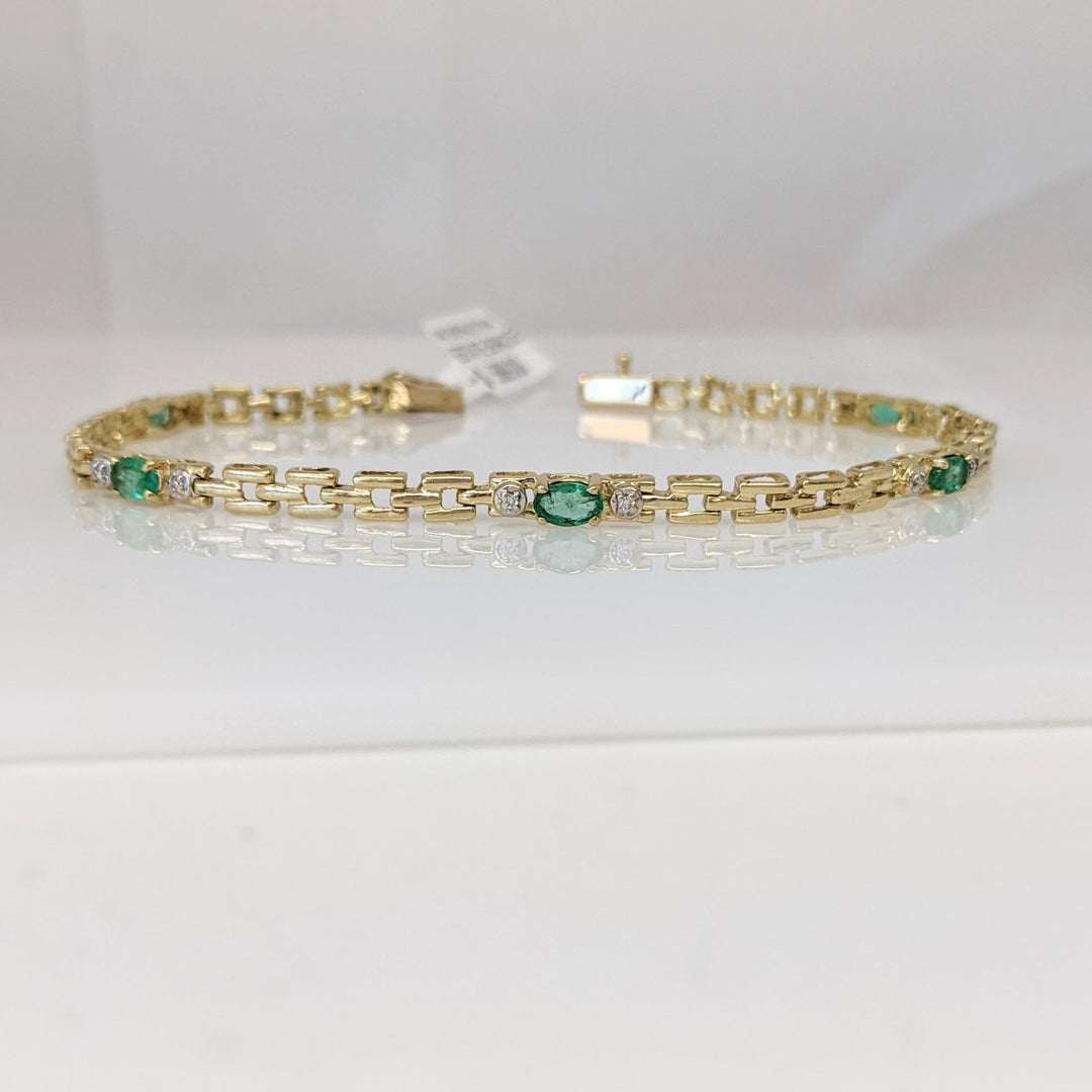 14K EMERALD OVAL (5) 3X5 WITH (10) MELEE ESTATE BRACELET 6.1 GRAMS