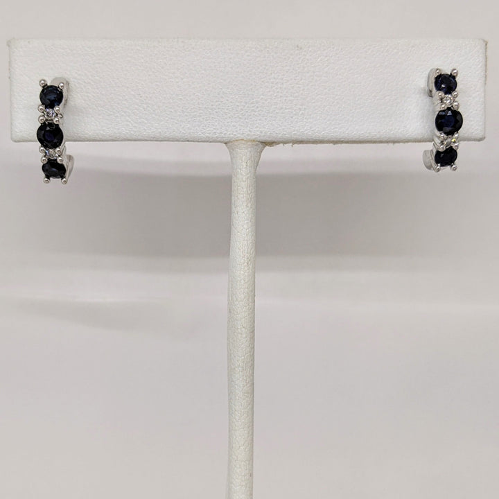 14K WHITE SAPPHIRE ROUND (6) 3MM WITH (4) MELEE ESTATE J-HOOP EARRINGS 3.1 GRAMS