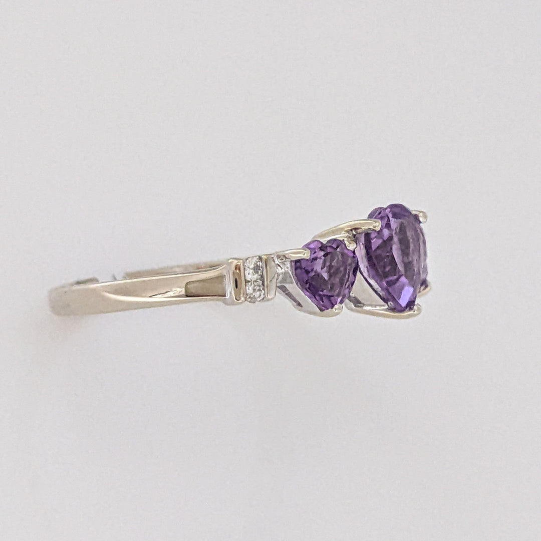 14K WHITE AMETHYST HEART 6MM (1) 4MM (2) WITH (2) MELEE ESTATE RING 2.2 GRAMS