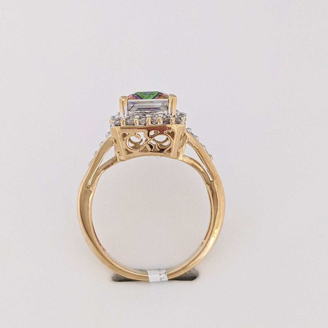 14K MYSTIC TOPAZ EMERALD CUT 7X9 WITH MELEE ESTATE HALO RING 3.8 GRAMS