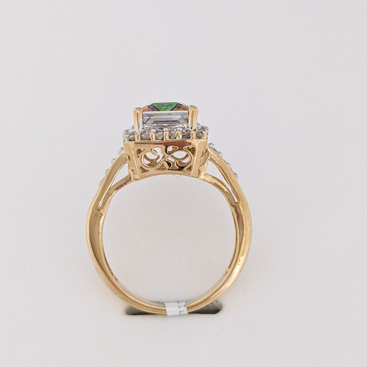 14K MYSTIC TOPAZ EMERALD CUT 7X9 WITH MELEE ESTATE HALO RING 3.8 GRAMS
