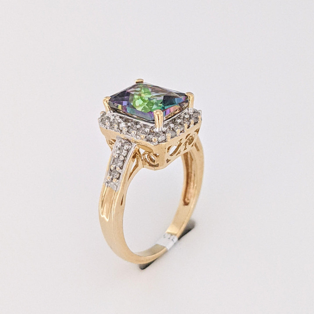 14K MYSTIC TOPAZ EMERALD CUT 7X9 WITH MELEE ESTATE HALO RING 3.8 GRAMS